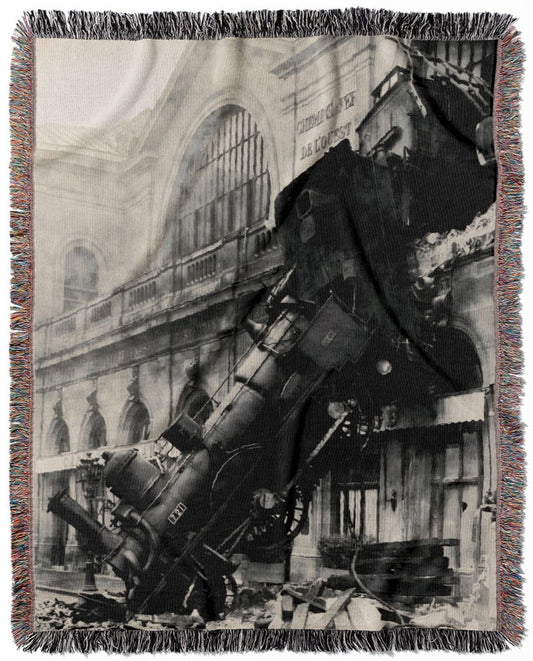 Train Wreck woven throw blanket, made of 100% cotton, featuring a soft and cozy texture with a vintage disaster photo for home decor.