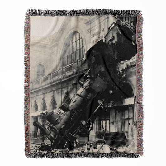 Train Wreck woven throw blanket, made of 100% cotton, featuring a soft and cozy texture with a vintage disaster photo for home decor.