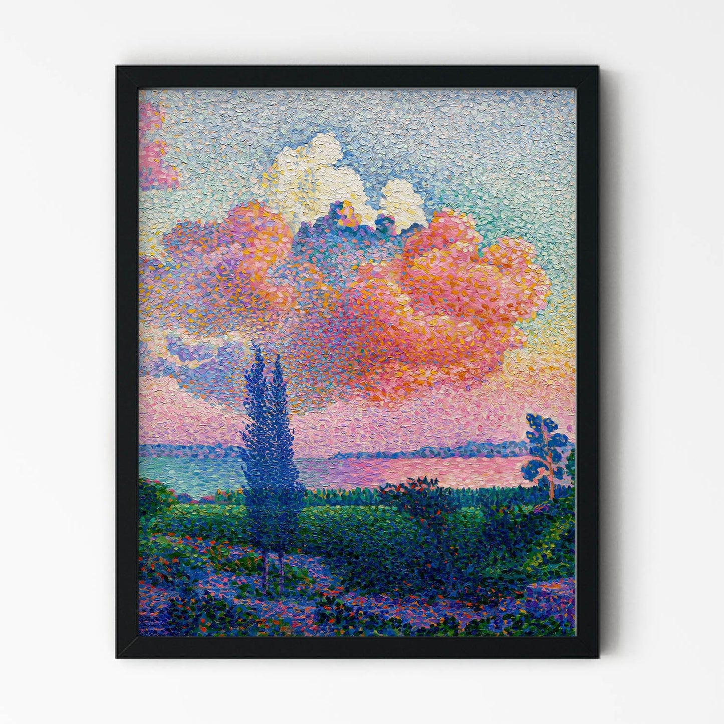 Beautiful Light Pink Sunset Painting in Black Picture Frame