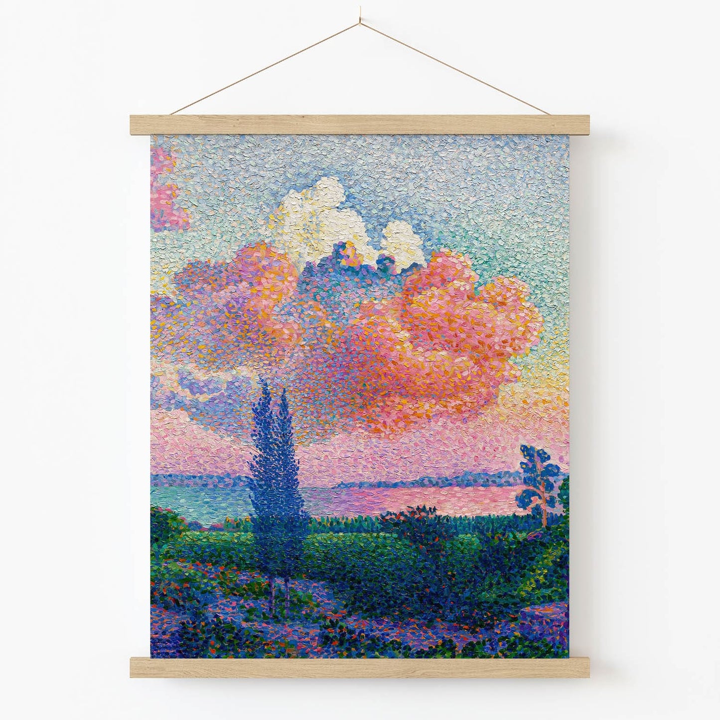 Beautiful Light Pink Sunset Art Print in Wood Hanger Frame on Wall