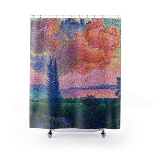 Pink Clouds Shower Curtain with dreamy landscape design, whimsical bathroom decor featuring a dreamlike landscape.