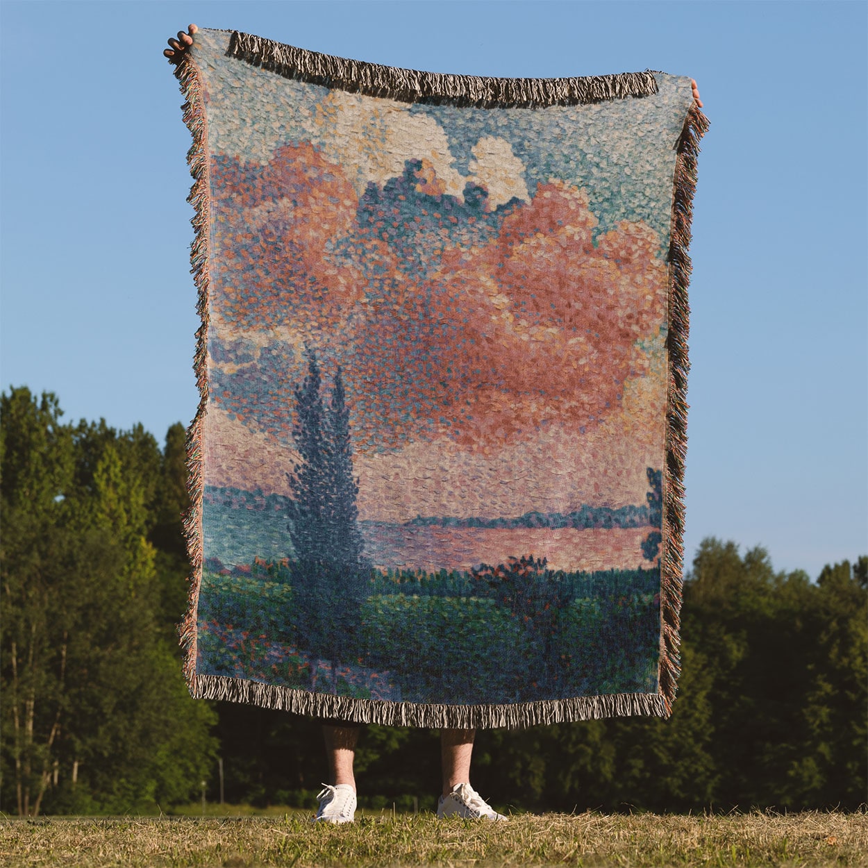 Dreamy Landscape Woven Blanket Held Up Outside