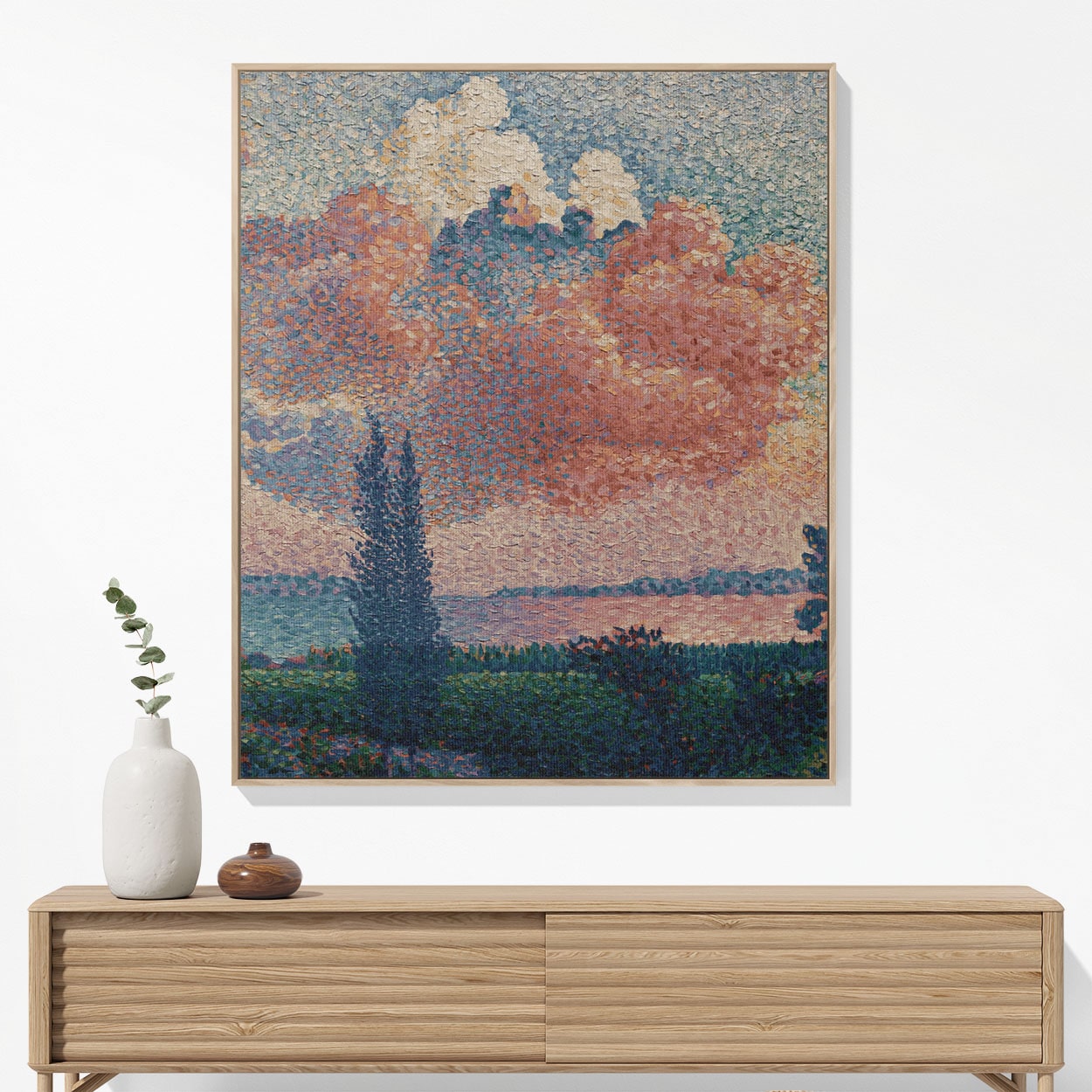 Dreamy Landscape Woven Blanket Hanging on a Wall as Framed Wall Art