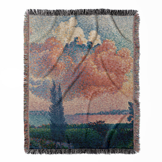 Pink Clouds woven throw blanket, made of 100% cotton, featuring a soft and cozy texture with a dreamy landscape for home decor.
