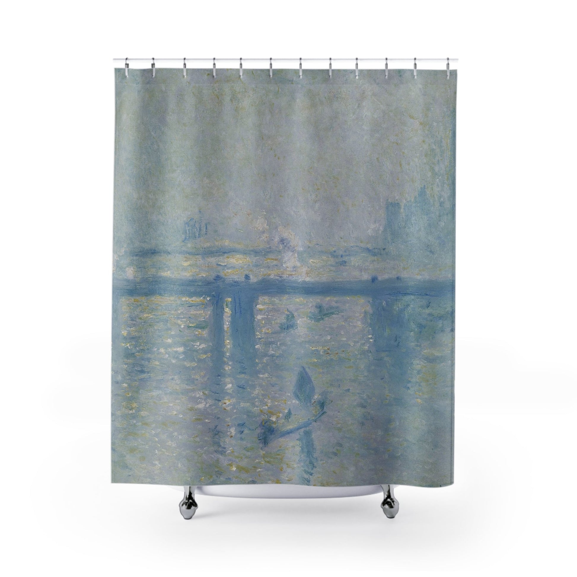 Dusty Light Blue Shower Curtain with tranquil design, serene bathroom decor featuring calming light blue tones.