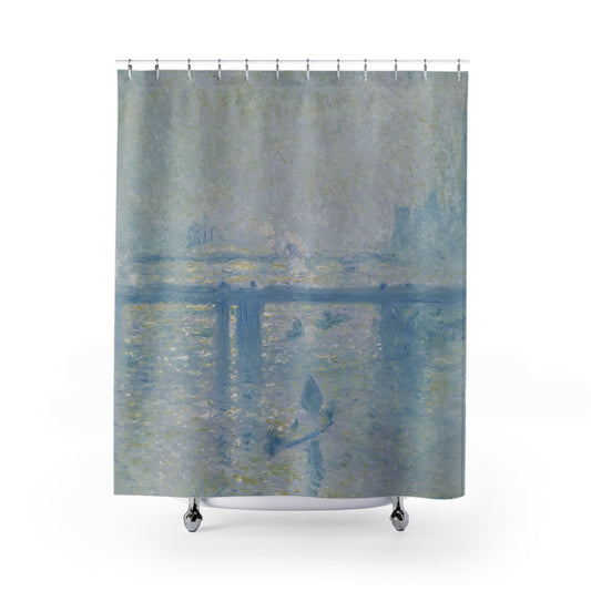Dusty Light Blue Shower Curtain with tranquil design, serene bathroom decor featuring calming light blue tones.
