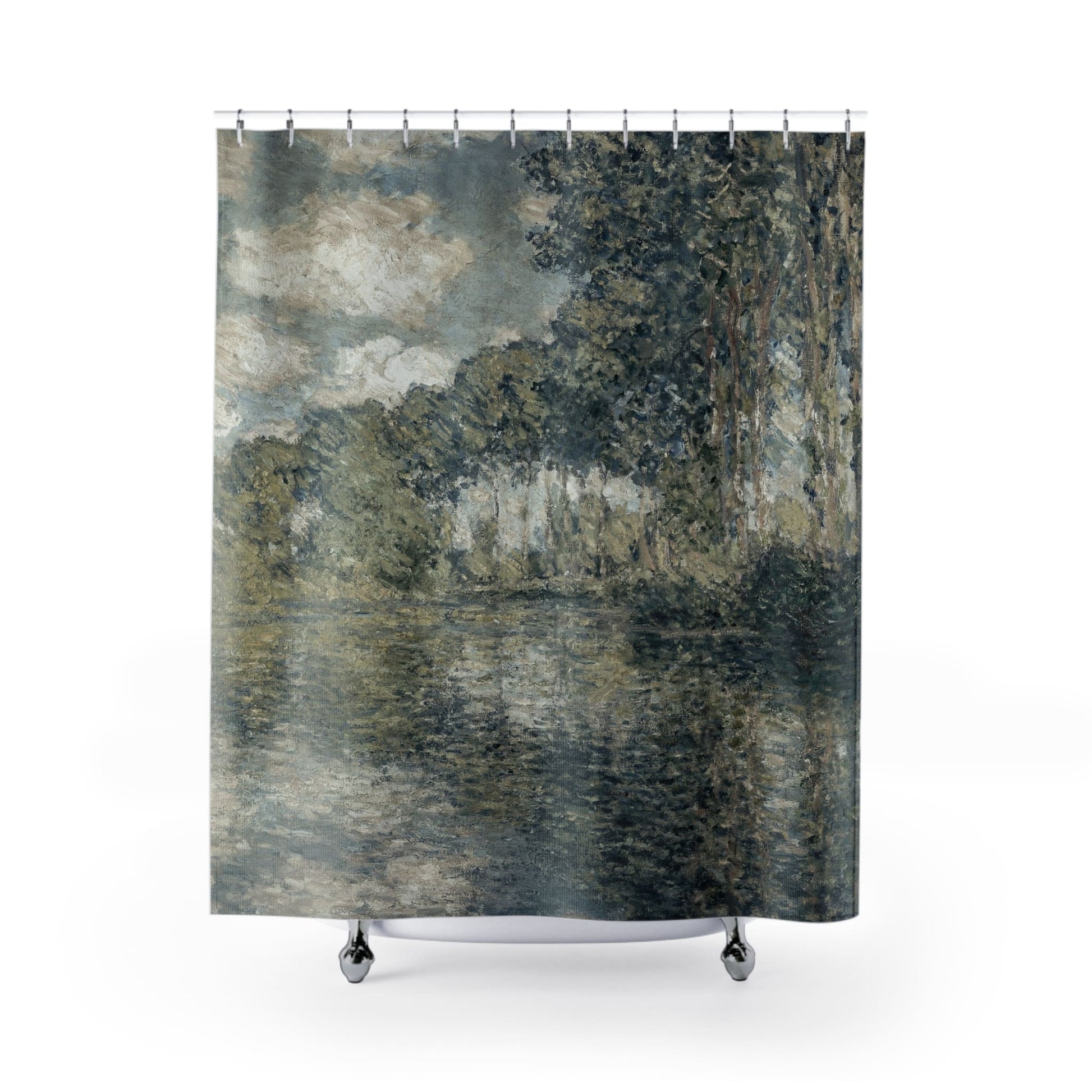 Dusty Sage Landscape Shower Curtain with Claude Monet design, serene bathroom decor showcasing Monet's landscape artwork.