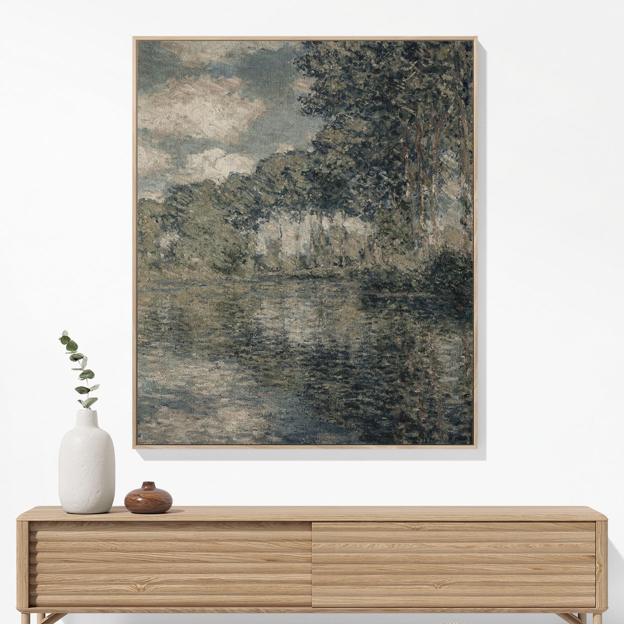 Dusty Sage Landscape Woven Blanket Hanging on a Wall as Framed Wall Art