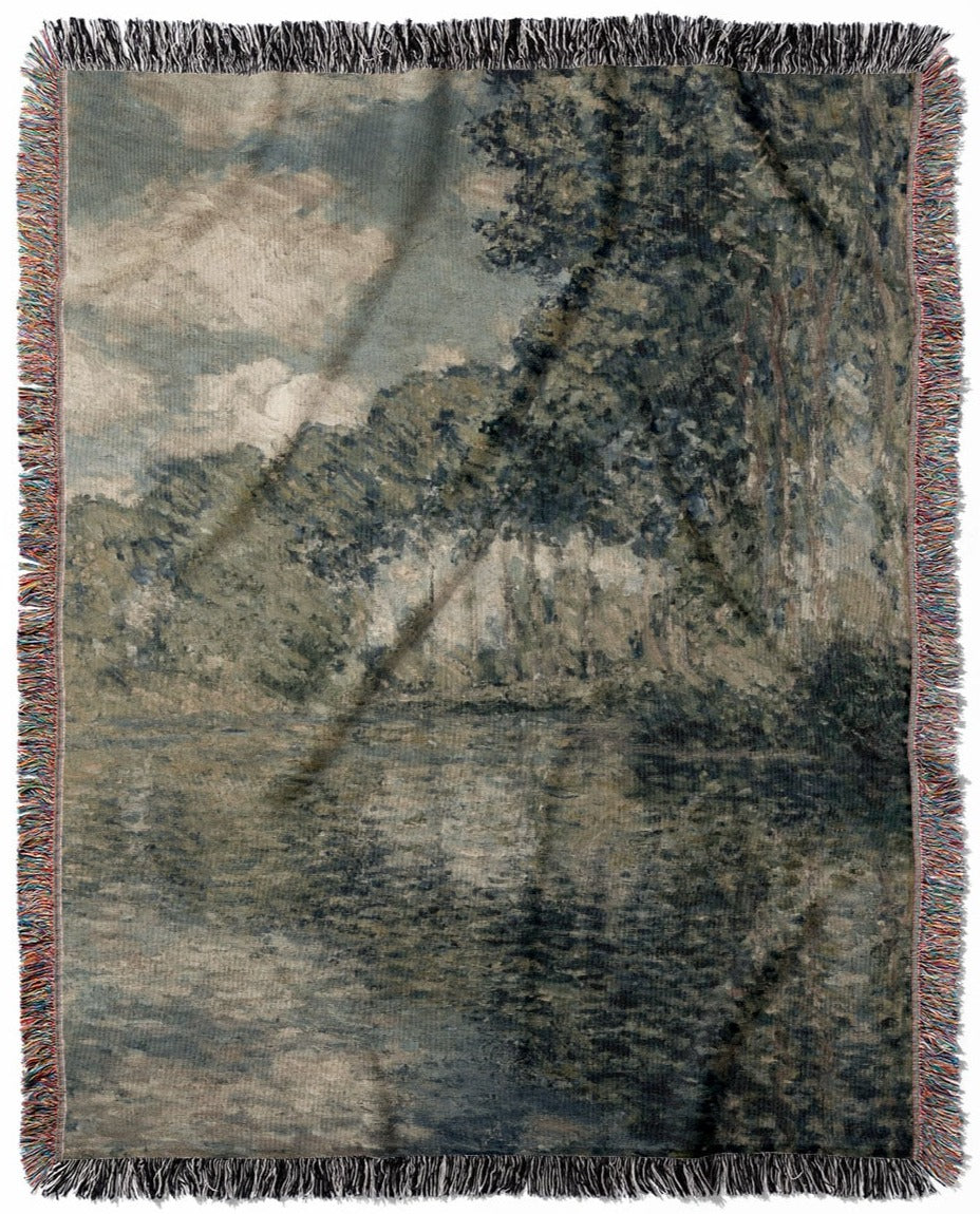 Dusty Sage Landscape woven throw blanket, crafted from 100% cotton, providing a soft and cozy texture with a Claude Monet design for home decor.