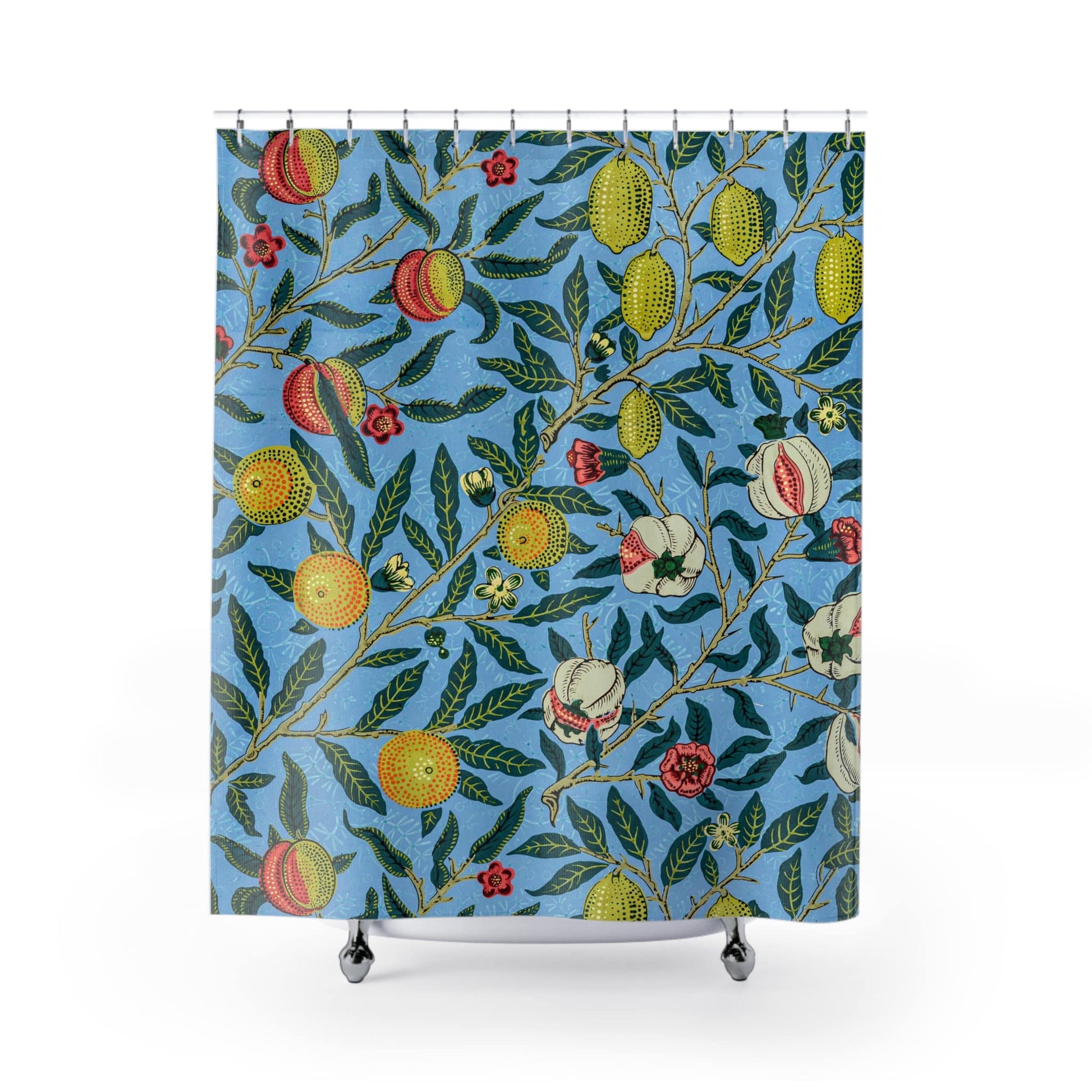 Eclectic Plants Shower Curtain with William Morris design, classic bathroom decor featuring Morris's botanical themes.
