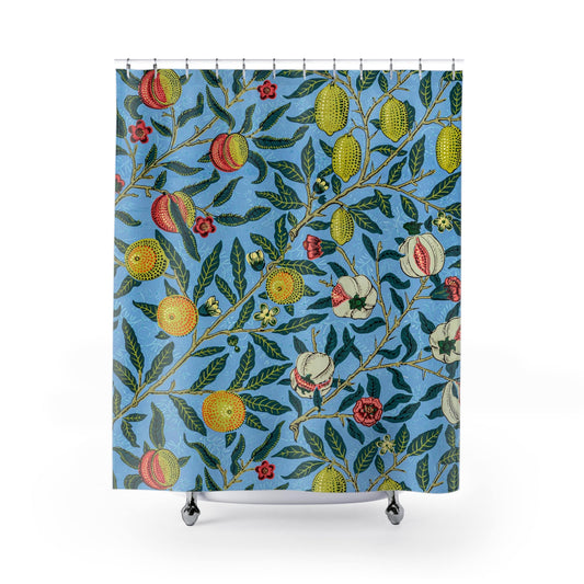 Eclectic Plants Shower Curtain with William Morris design, classic bathroom decor featuring Morris's botanical themes.