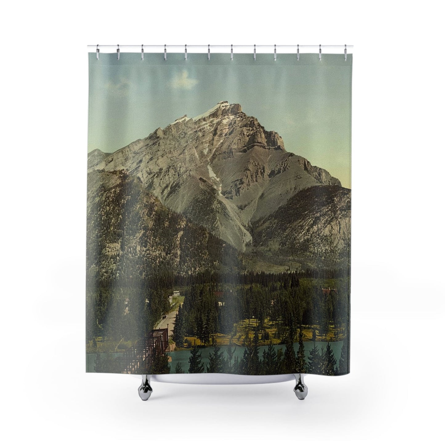 Emerald Green Landscape Shower Curtain with mountains design, nature-inspired bathroom decor featuring vibrant mountain scenes.