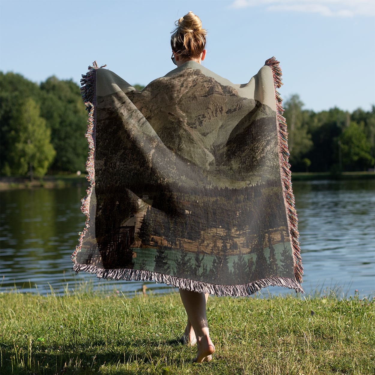 Emerald Green Landscape Held on a Woman's Back Outside