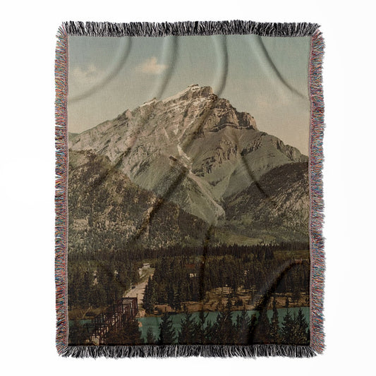 Emerald Green Landscape woven throw blanket, made of 100% cotton, featuring a soft and cozy texture with mountains for home decor.