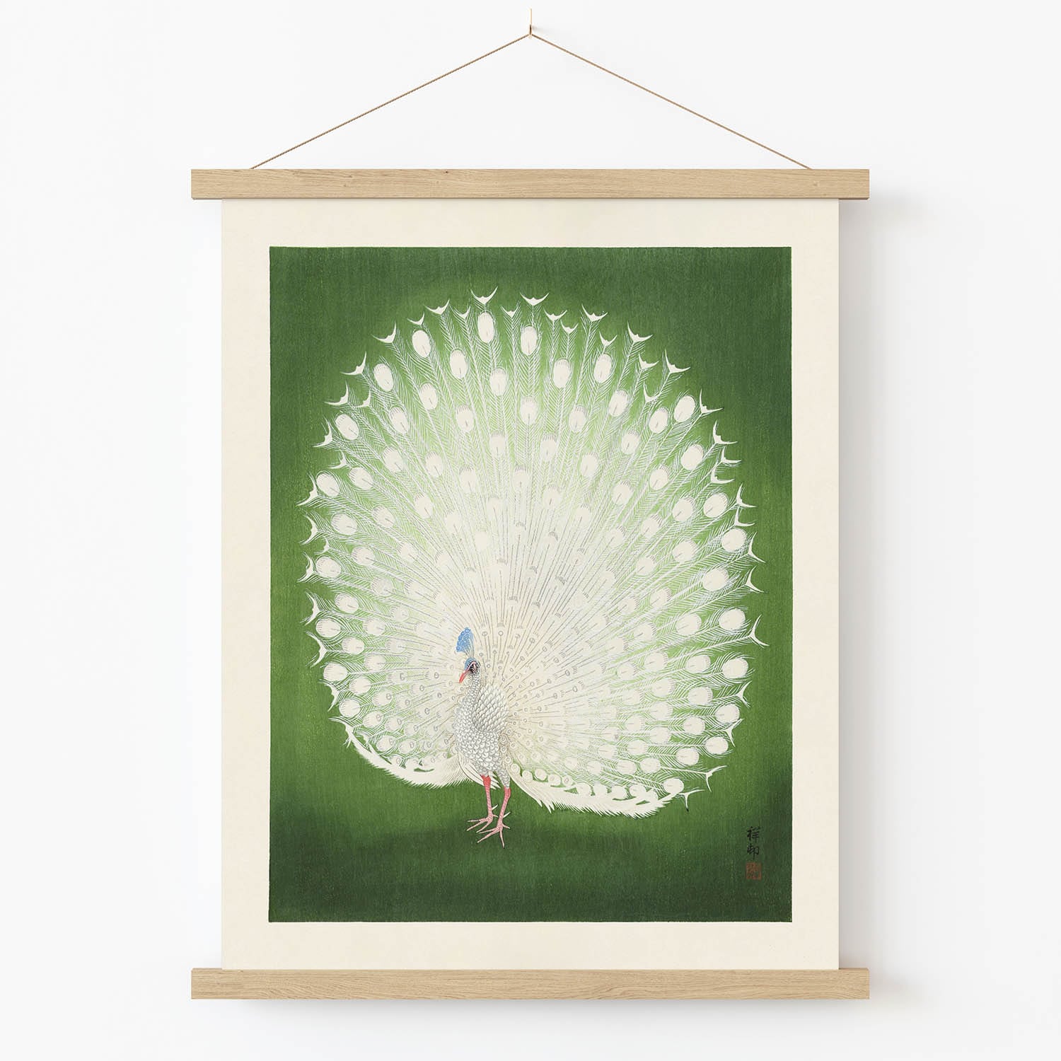 Emerald Green and White Peacock Art Print in Wood Hanger Frame on Wall