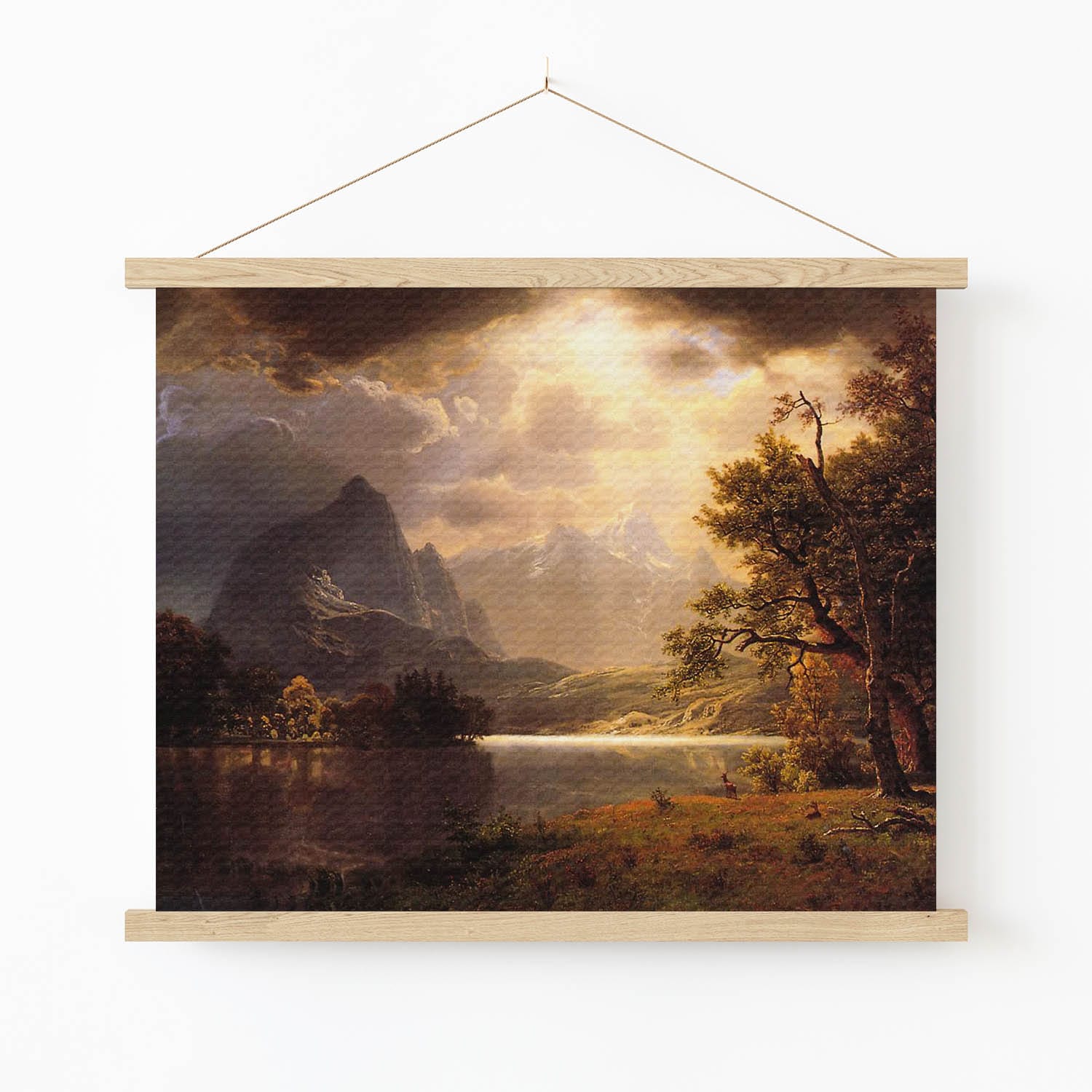 Mountian and Lake Art Print in Wood Hanger Frame on Wall