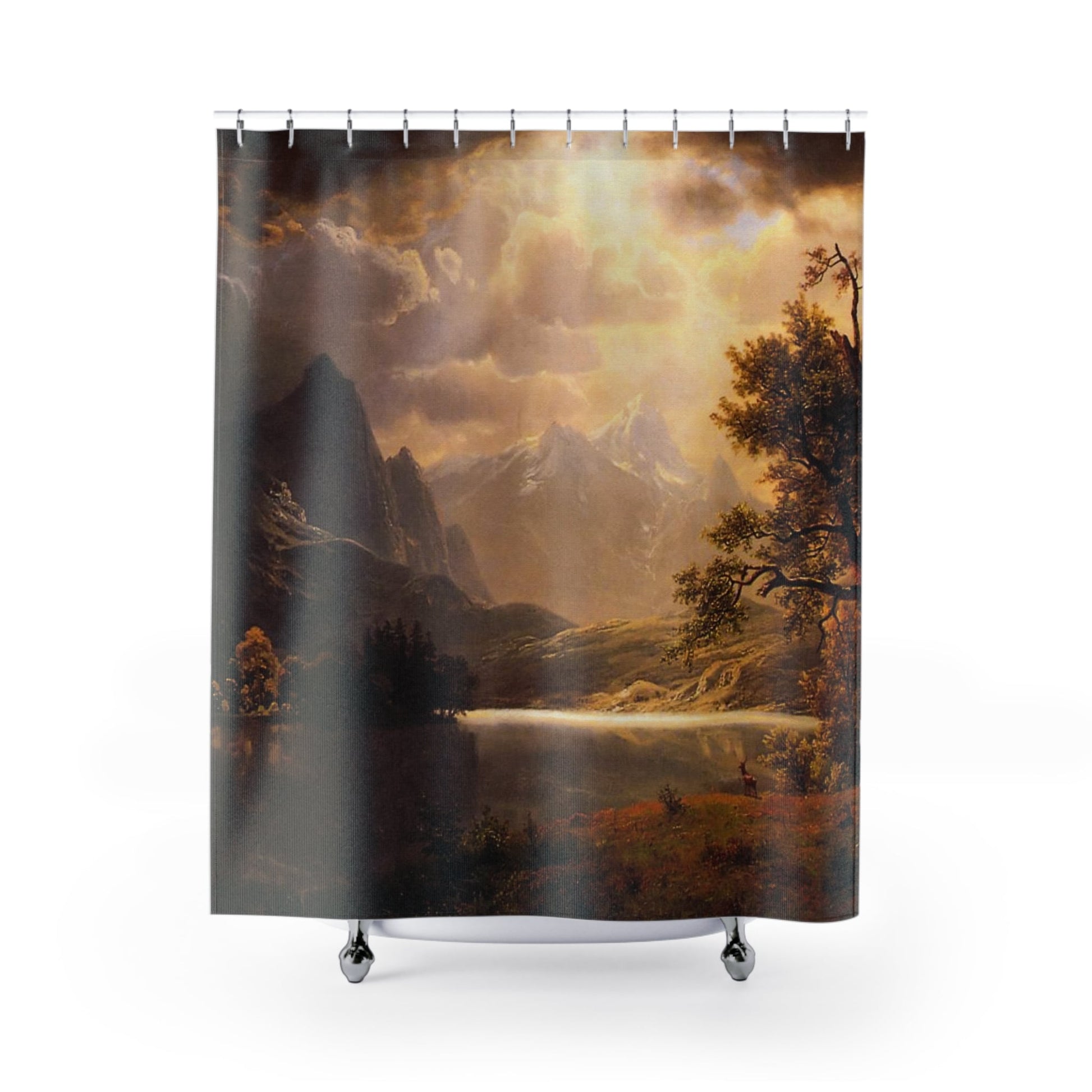 Ethereal Mountains Shower Curtain with Estes Park Colorado design, picturesque bathroom decor showcasing Colorado mountain scenery.
