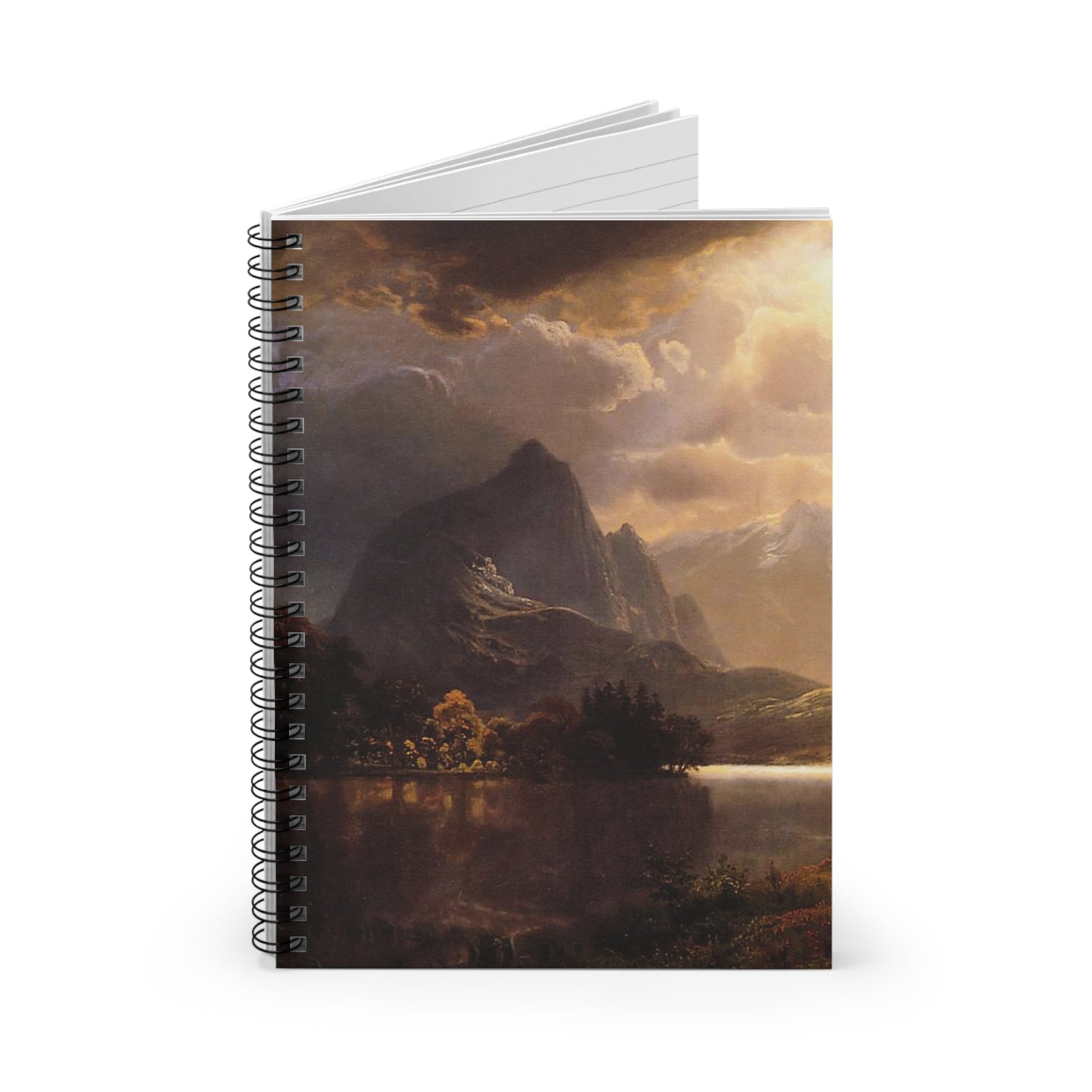 Ethereal Mountains Spiral Notebook Standing up on White Desk