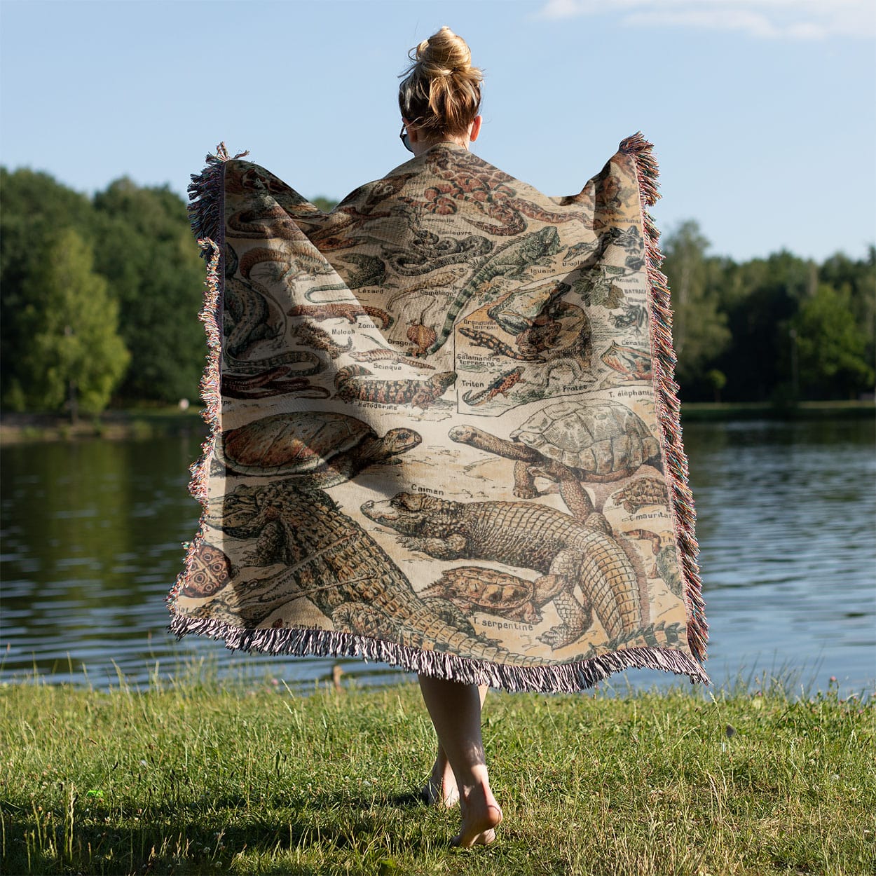 Exotic Animals Woven Blanket Held on a Woman's Back Outside