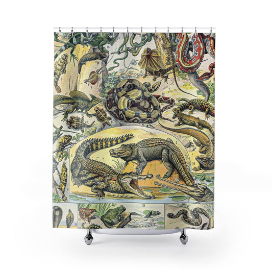 Reptile Chart Shower Curtain with exotic animals design, educational bathroom decor featuring reptile illustrations.
