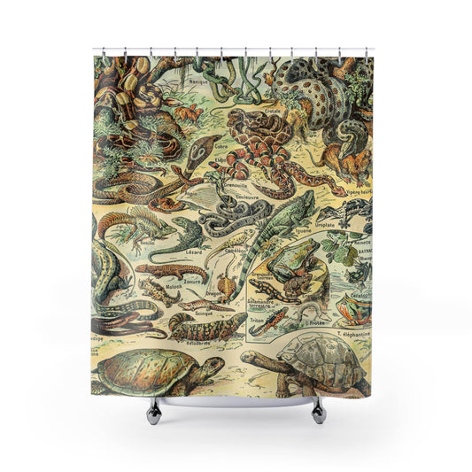Lizards and Snakes Shower Curtain with reptile chart design, nature-inspired bathroom decor featuring detailed reptile charts.