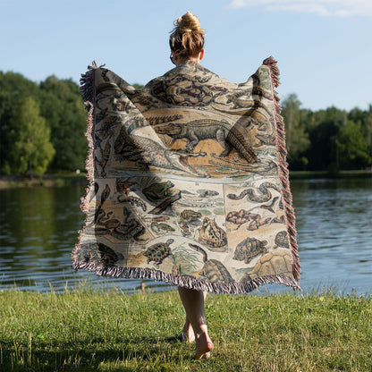 Exotic Animals Woven Blanket Held on a Woman's Back Outside