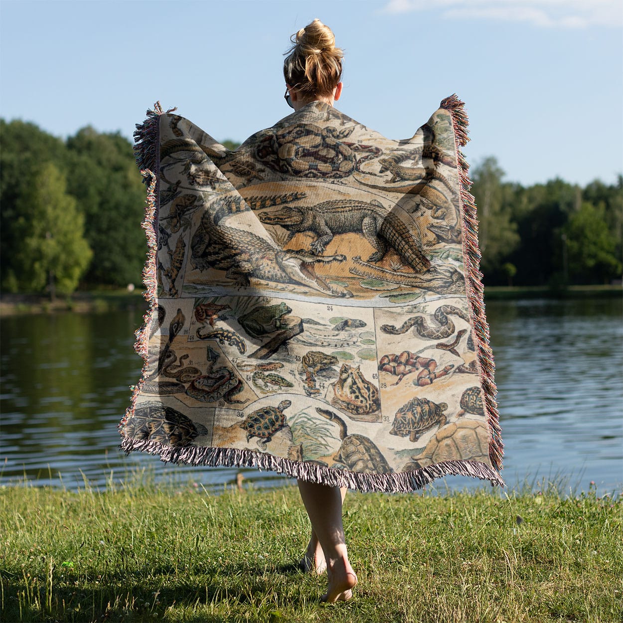 Exotic Animals Woven Throw Blanket Held on a Woman's Back Outside