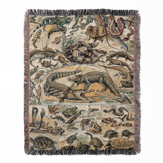 Reptile Chart woven throw blanket, made of 100% cotton, featuring a soft and cozy texture with exotic animals for home decor.