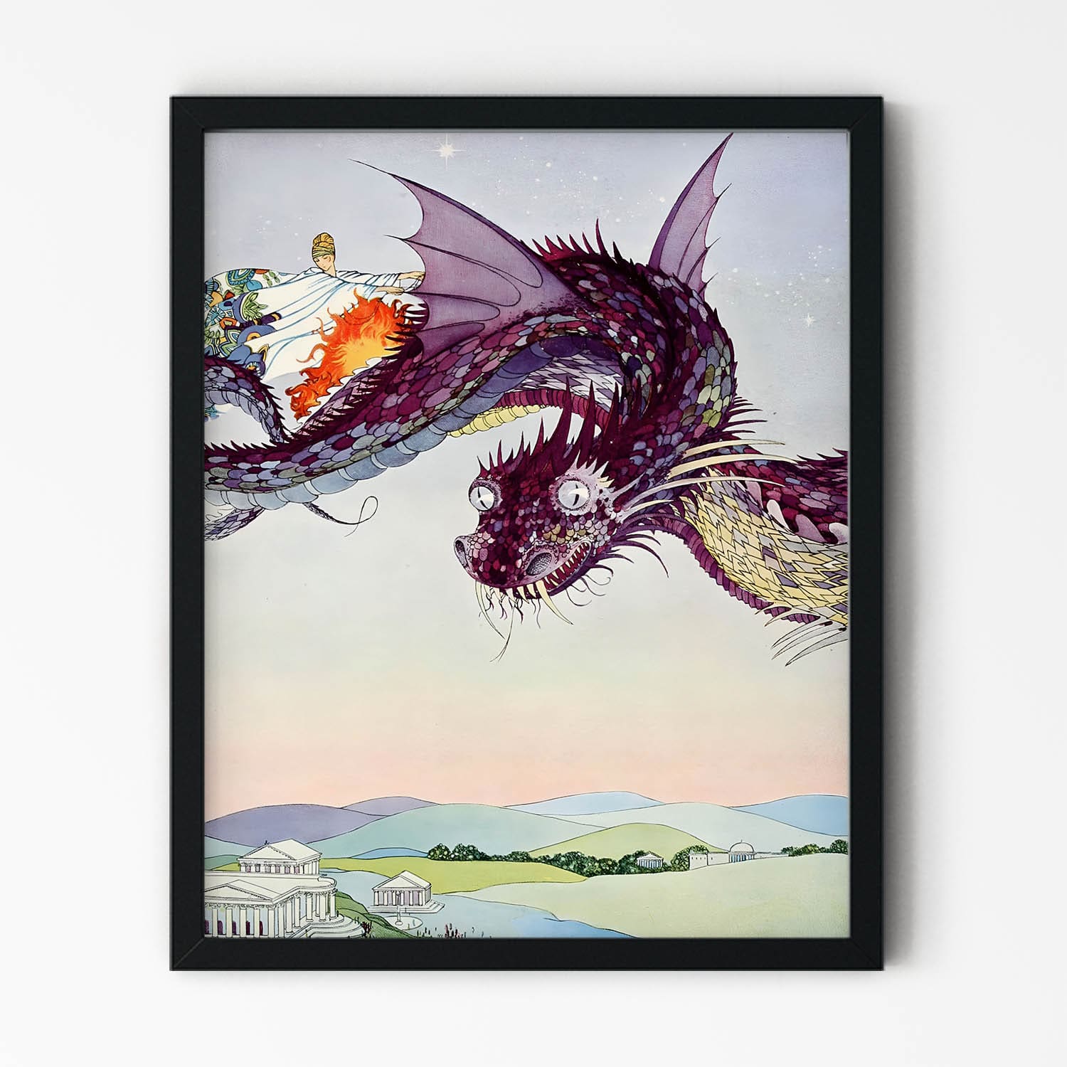Fairy Tale Dragon Art Print in Black Picture Frame