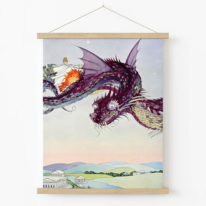 Fairy Tale Dragon Art Print in Wood Hanger Frame on Wall