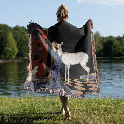 Fairytale Book Woven Blanket Held on a Woman's Back Outside