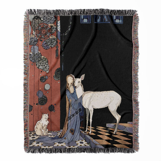 Fairytale Book woven throw blanket, crafted from 100% cotton, offering a soft and cozy texture with a cute woman and deer design for home decor.