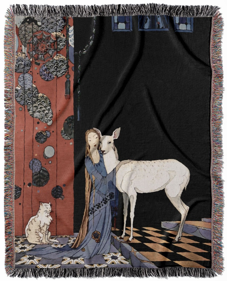 Fairytale Book woven throw blanket, crafted from 100% cotton, offering a soft and cozy texture with a cute woman and deer design for home decor.