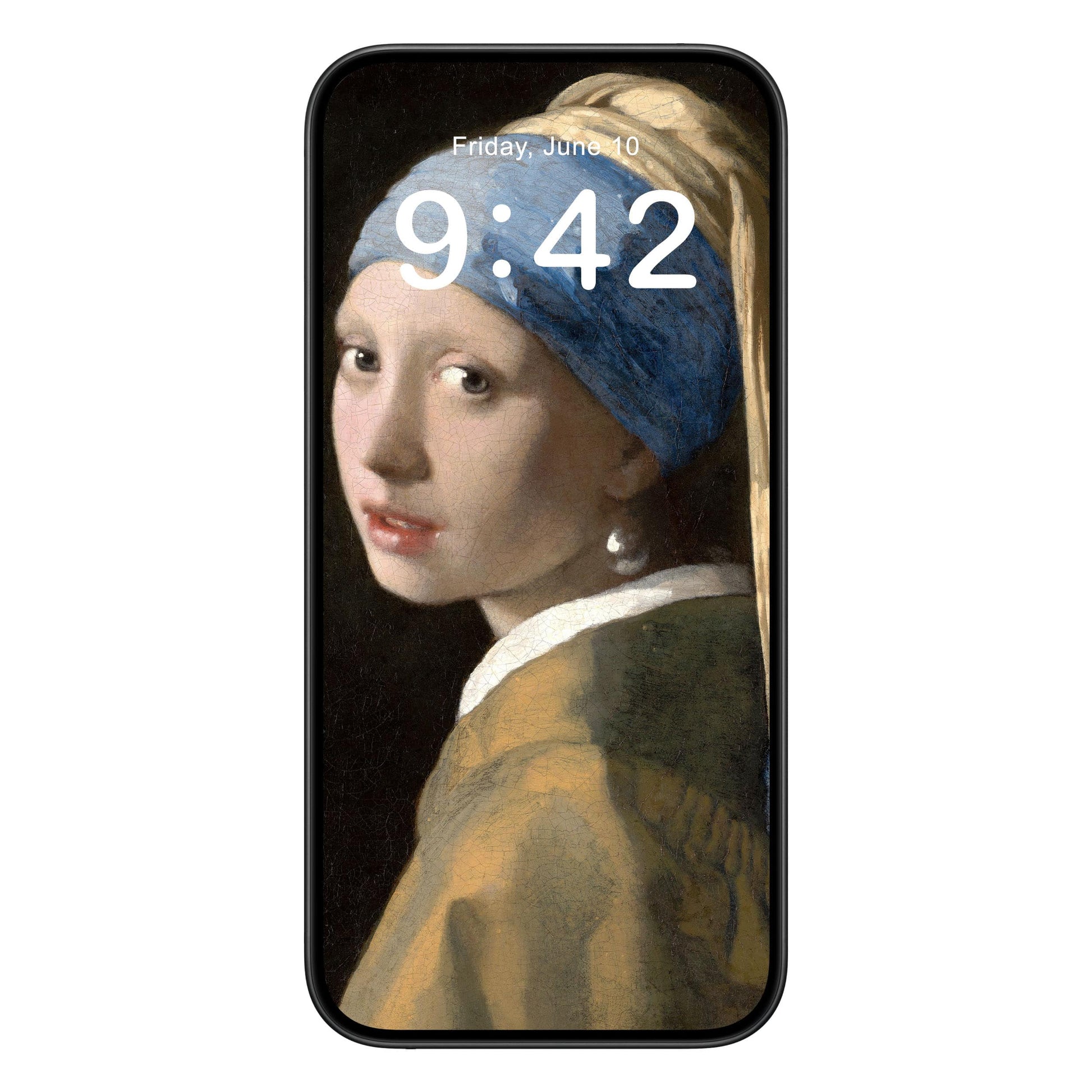 Girl with a Pearl Earring phone wallpaper background with vermeer paining design shown on a phone lock screen, instant download available.