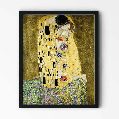 Two Lovers Embracing in a Kiss Wearing Gold Robes Painting in Black Picture Frame