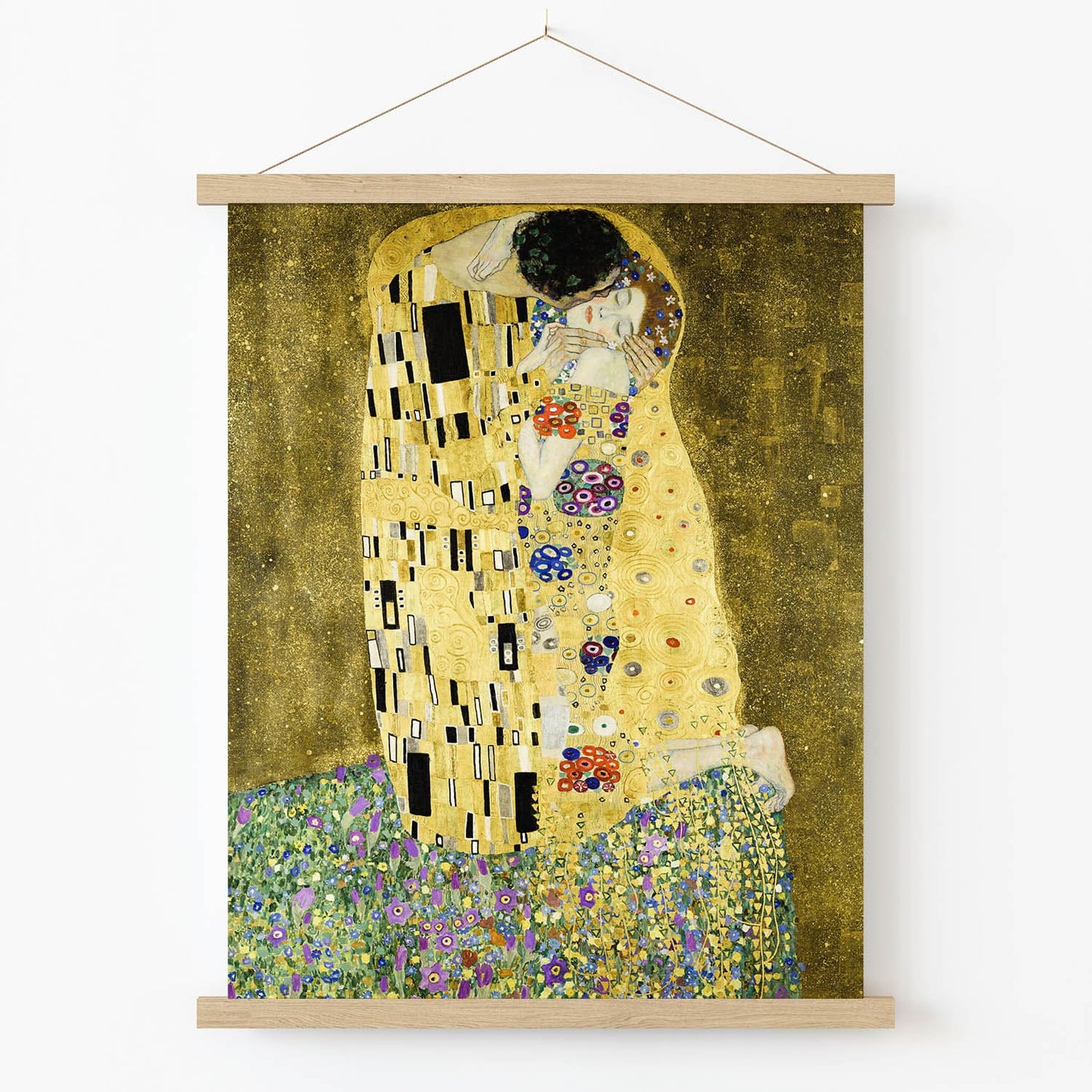 Two Lovers Embracing in a Kiss Wearing Gold Robes Art Print in Wood Hanger Frame on Wall