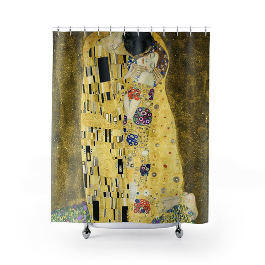 Famous Kissing Shower Curtain with The Kiss design, iconic bathroom decor featuring the famous kissing artwork.