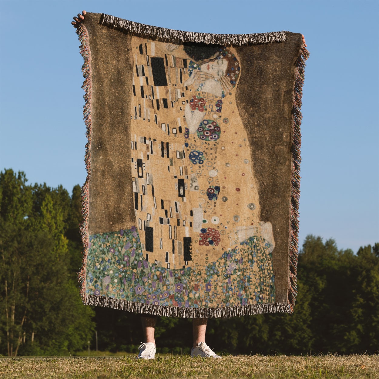 Famous Kissing Woven Blanket Held Up Outside