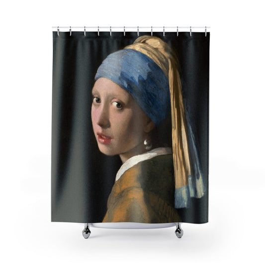 Girl with a Pearl Earring Shower Curtain with Vermeer painting design, classic bathroom decor showcasing Vermeer's famous artwork.