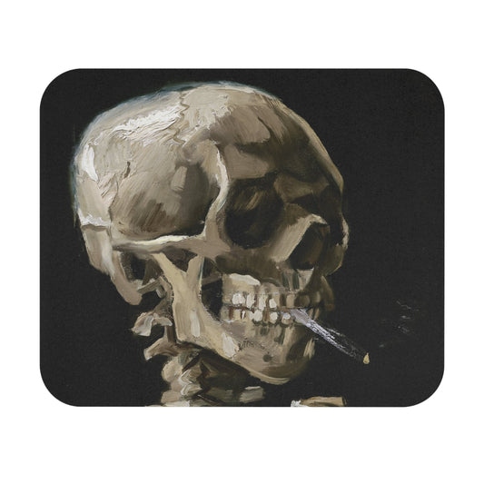 Van Gogh Skeleton Mouse Pad featuring burning cigarette art, perfect for desk and office decor.