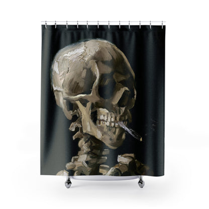 Van Gogh Skeleton Shower Curtain with burning cigarette design, artistic bathroom decor featuring Van Gogh's unique art.