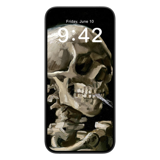 Van Gogh Skeleton phone wallpaper background with burning cigarette design shown on a phone lock screen, instant download available.
