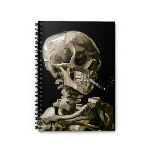 Van Gogh Skeleton Notebook with Burning Cigarette cover, ideal for journaling and planning, showcasing Van Gogh's skeleton with a burning cigarette.
