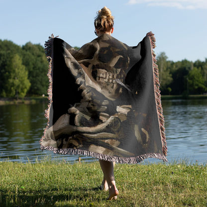 Famous Skull Woven Blanket Held on a Woman's Back Outside