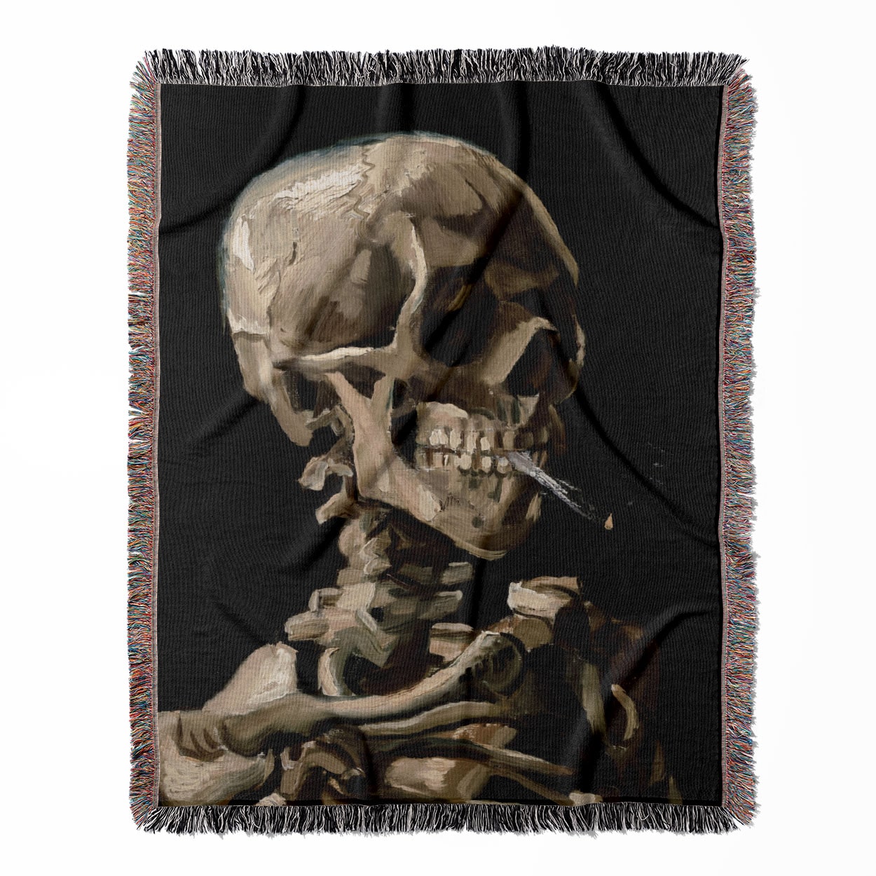 Van Gogh Skeleton woven throw blanket, made with 100% cotton, providing a soft and cozy texture with a burning cigarette design for home decor.