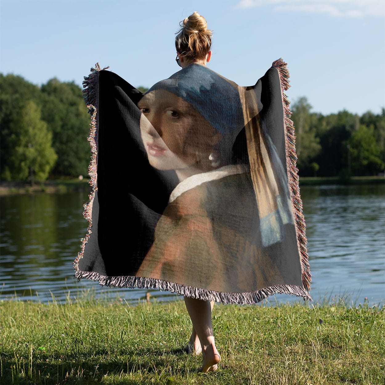 Famous Woven Blanket Held on a Woman's Back Outside