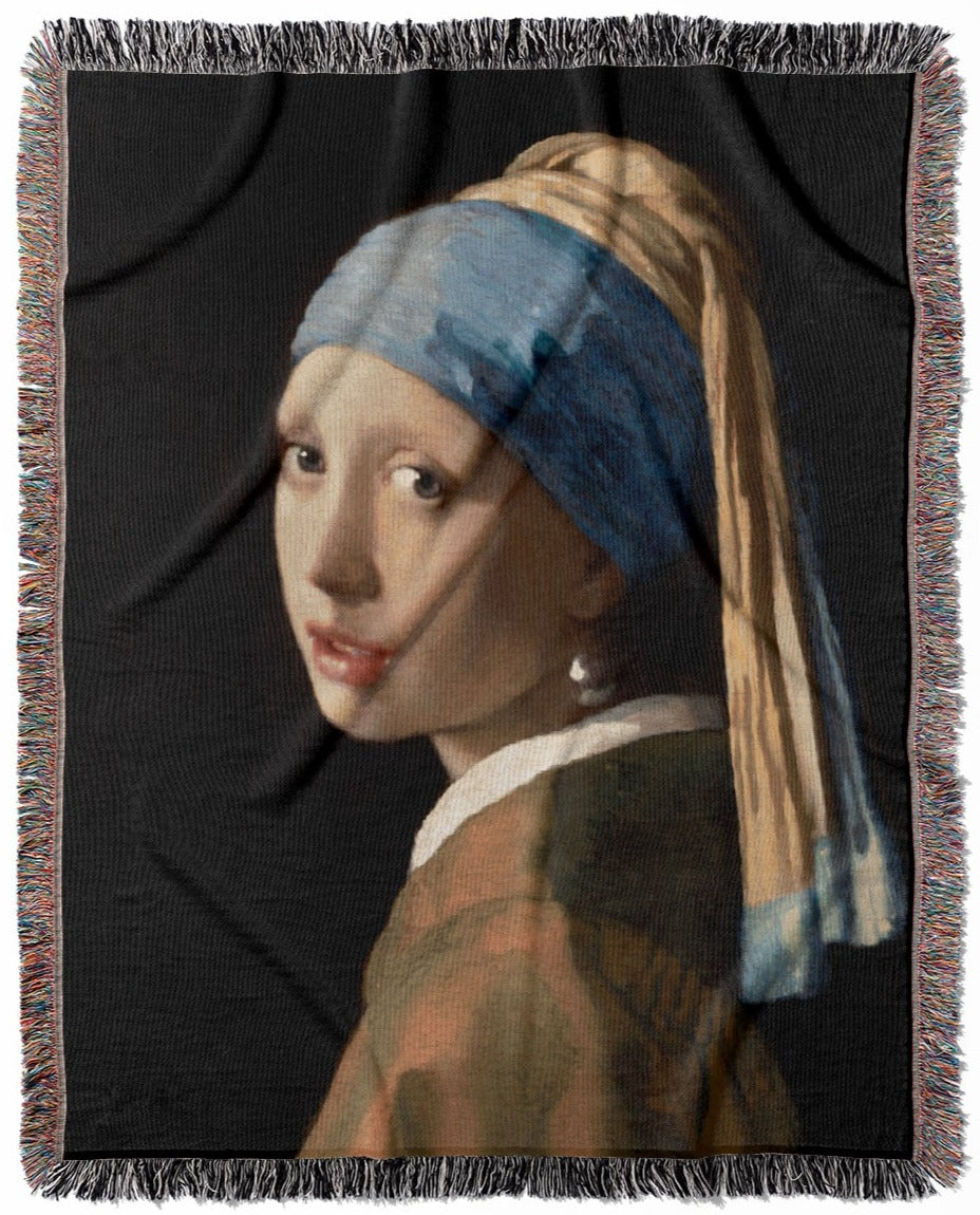 Girl with a Pearl Earring woven throw blanket, crafted from 100% cotton, providing a soft and cozy texture with a Vermeer painting theme for home decor.