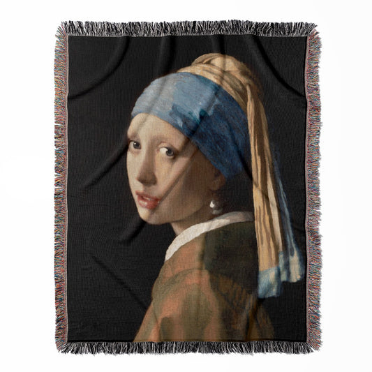 Girl with a Pearl Earring woven throw blanket, crafted from 100% cotton, providing a soft and cozy texture with a Vermeer painting theme for home decor.
