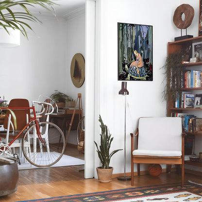 Eclectic living room with a road bike, bookshelf and house plants that features framed artwork of a Woman and the Tree above a chair and lamp