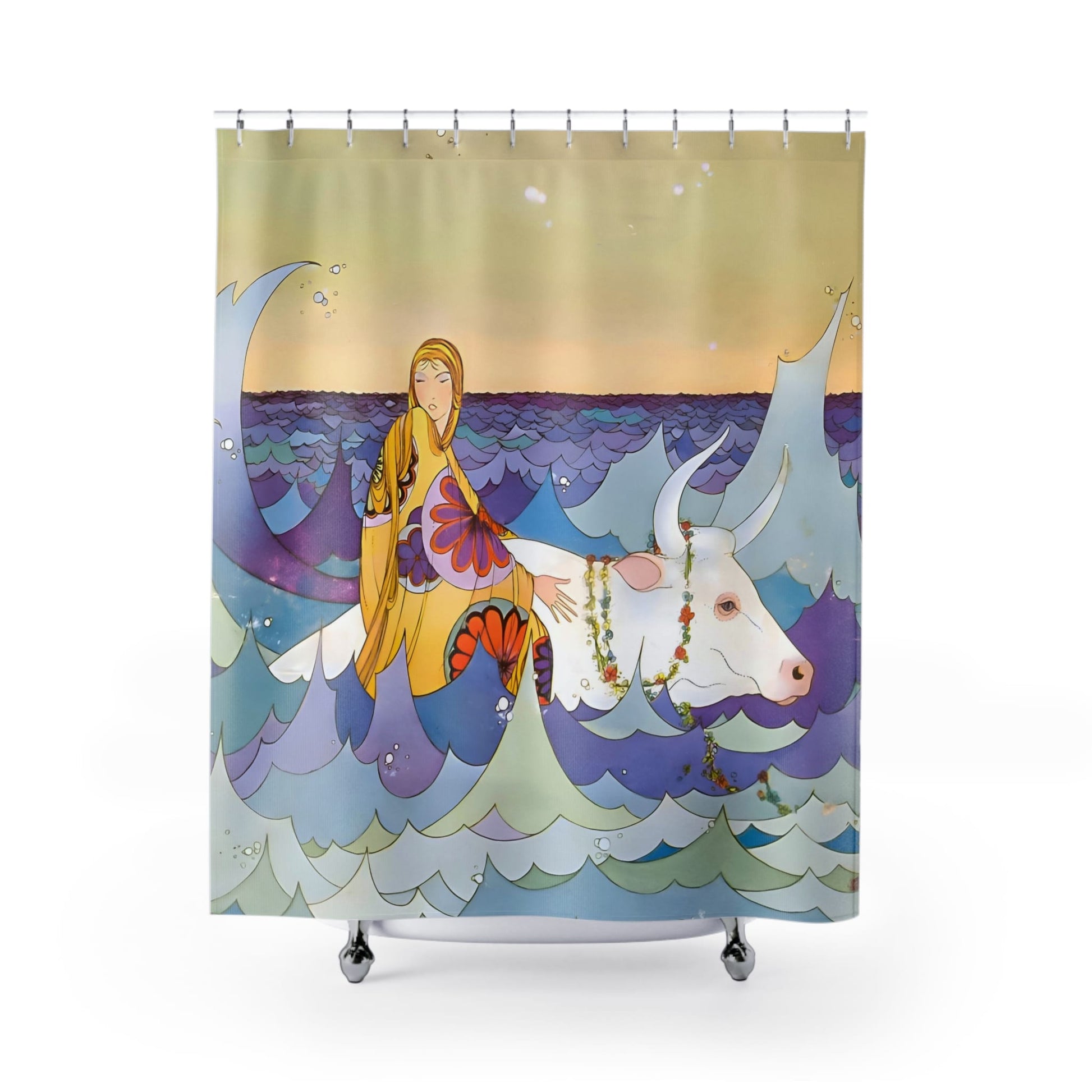 Fantasy Ocean Shower Curtain with riding a bull in waves design, imaginative bathroom decor featuring oceanic scenes.